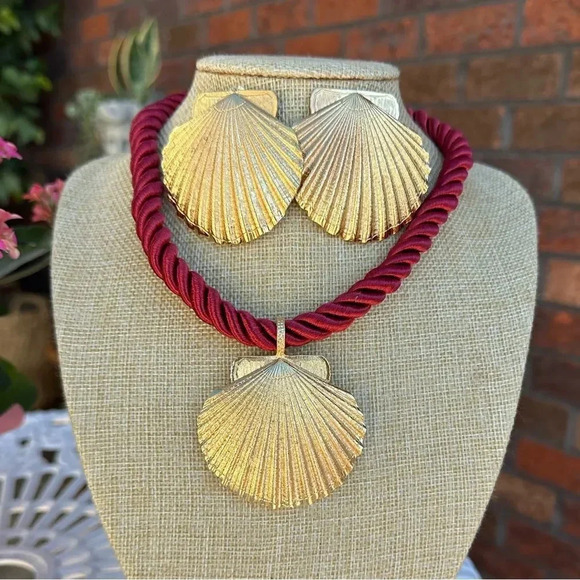 Seashell Gold Red Rope Chain Earrings Necklace Earrings Set - Picture 13 of 17